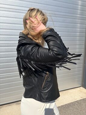 Philosophy Di Lorenzo Serafini black fringe buffalo leather jacket